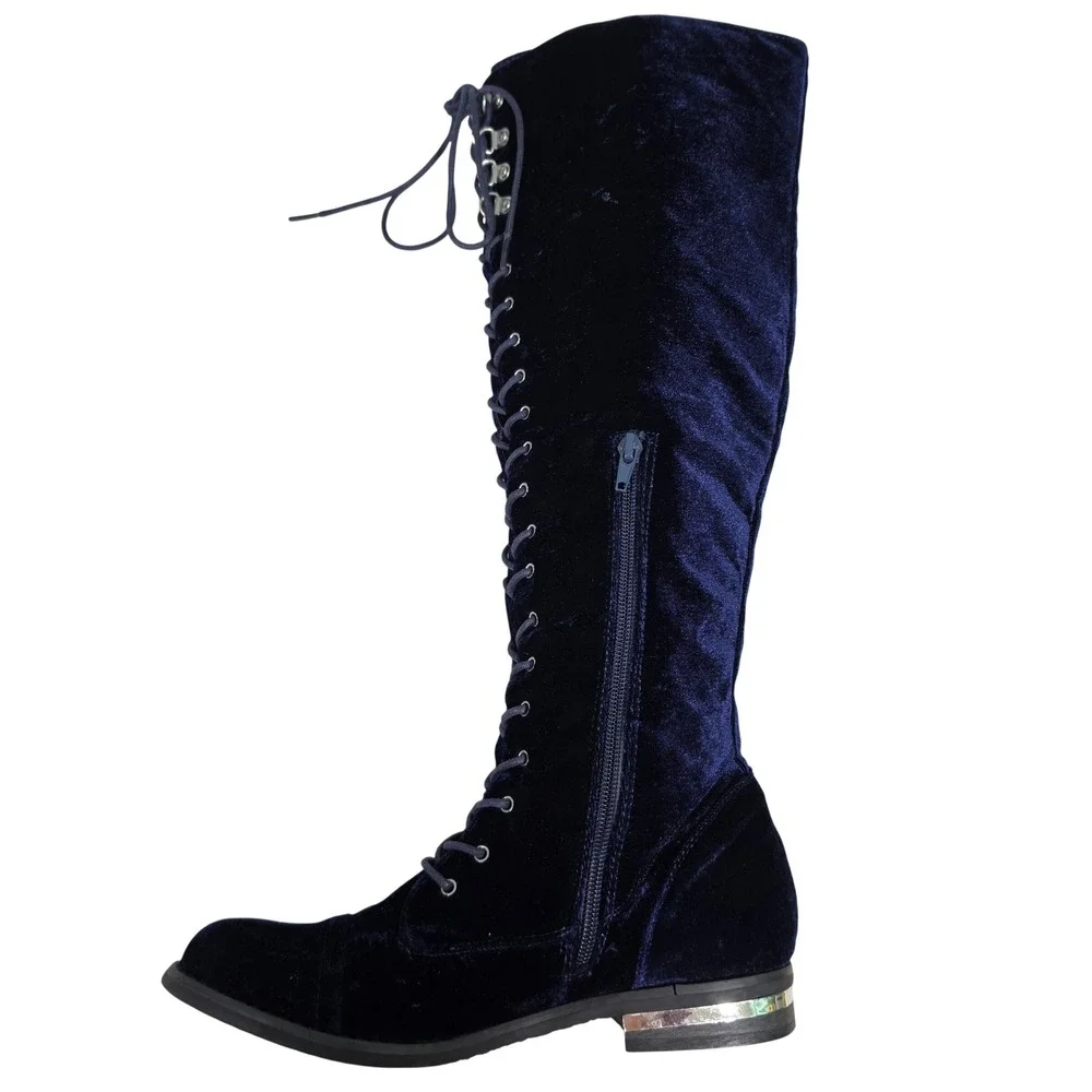Steampunk Tall Boots Womens 7.5 Blue Jermesha Velvet Lace Up Side Zip Boots